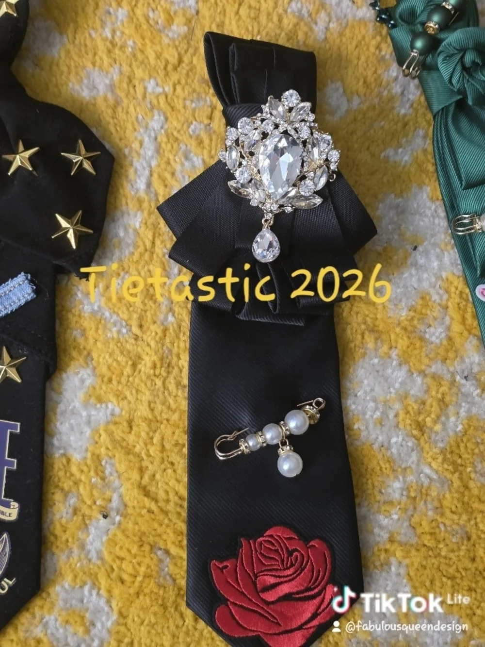 Black Satin Bow Tie Brooch with Crystal and Red Rose Detail
